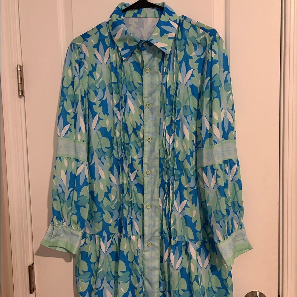 Floral Blue and Green Long Sleeve Dress